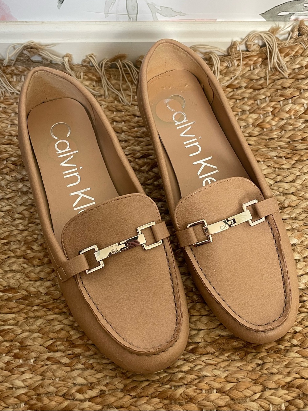 Calvin Klein Tan Leather Horsebit Loafers Driving Moc Flats Size 8 Old Money